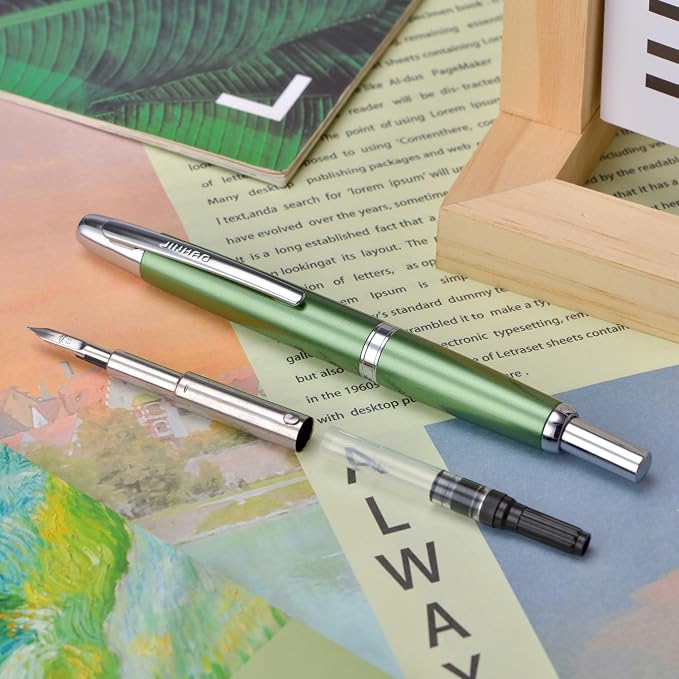 Jinhao 10 Press Fountain Pen with Box, Sea Pine Green Retractable Extra Fine Nib with Ink Converter Set (Silver Clip)