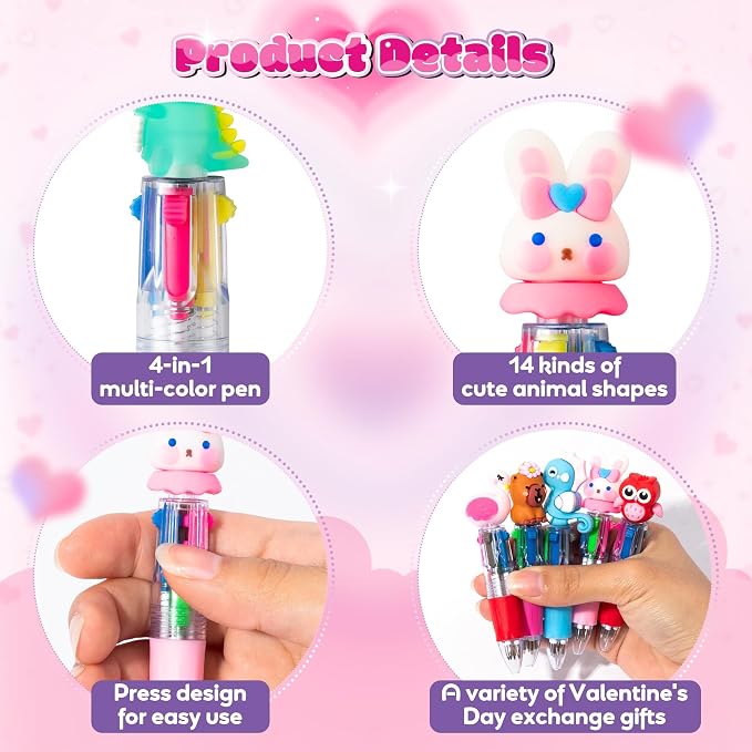 ANGOLIO Valentine's Day Gifts 28 Sets Cards with Cute Animal 4 in 1 Multicolor Ballpoint Pens for Kids Students School Classroom Office Valentines Exchange Gifts Party Favors Toddler Boys Girls Prizes