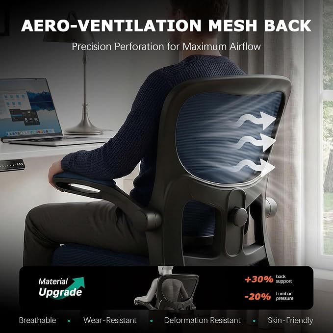 AreShark Office Chair Ergonomic Desk Chairs with Adjustable Lumbar Support, High Back Breathable Mesh Chair with Wheels& Flip-up Armrests,Rolling Swivel Comfy Task Computer Chair for Home Work Gaming