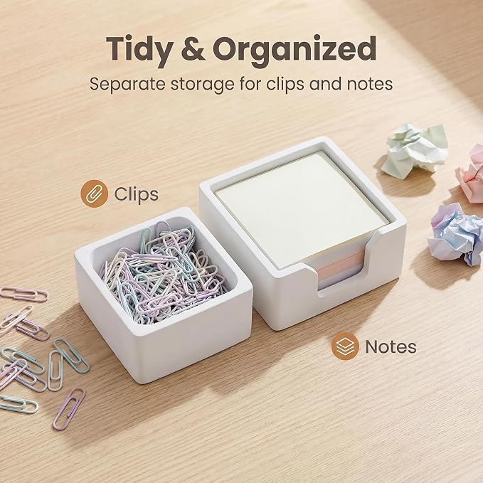 Concrete Desk Organizer Set of 2 - Minimalist Sticky Note Holder & Paper Clip Dispenser - Heavy Duty Office Desk Accessories with Non-Slip Base for Home Workspace Organizer & Desk Decor, White
