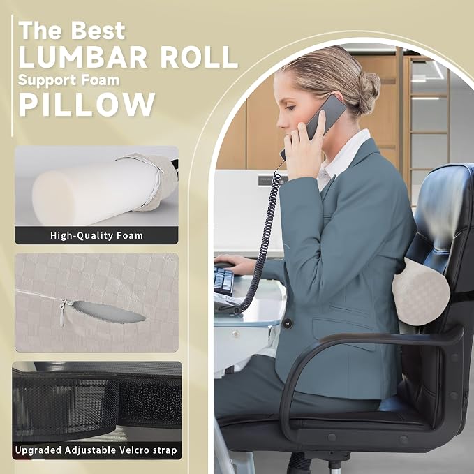 Coeyese Lumbar Roll Pillow for Lower Back Support, Cream, Long-15 * 4.3'' | Removable Pillowcase, Upgraded Adjustable Strap, Suitable for Office, Chair, Car, Seat Pain Relief & Improving Posture