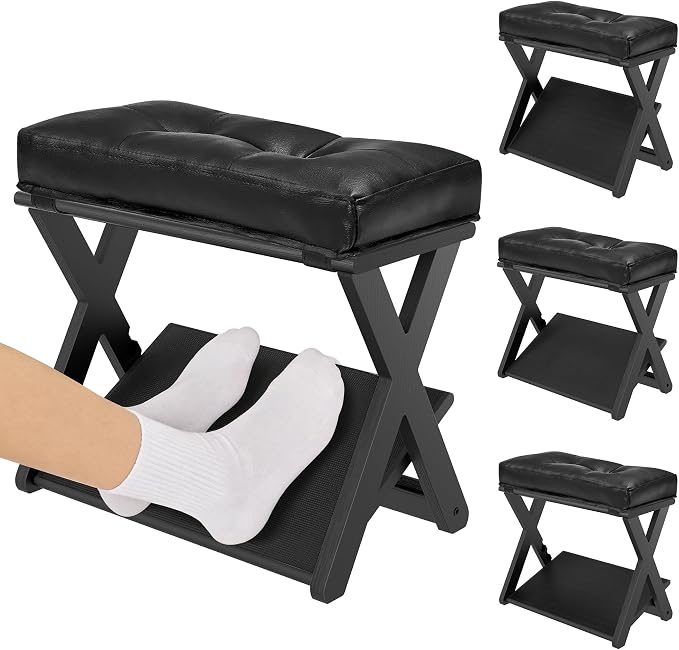 Adjustable Foot Rest Under Desk at Work, Footrest Under Desk | double step, wooden, non-slip EVA surface, office foot stool for posture support, leg relief, home office & gaming-black