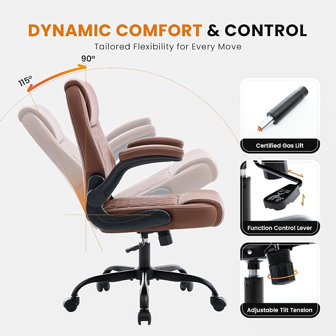 Leather Office Chair, 300lbs Heavy Duty Mid-Back Desk Chairs with Flip-up Armrests, Space-Saving Swivel Task Chair with Wheels, Adjustable Height and Ergonomic Back Support, Brown