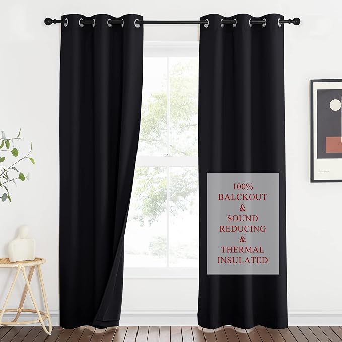 NICETOWN Sound Blocking and Heavy-Duty Space Divider Curtains for Living Room, Lined Insert Noise - Blackout - Thermal Insulation Curtains for Room Divider/Space Solutions (Black, 84 inches Long)