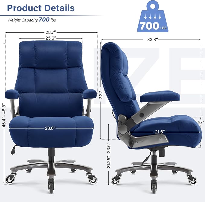 Big and Tall Office Chair 700lbs, Fabric Heavy Duty Executive Desk Chair | 3D Flip Arms, Extra Wide, Upgraded Wheels, Adjustable Lumbar Support, Metal Base, Large Ultra-Soft Ergonomic Computer Chairs