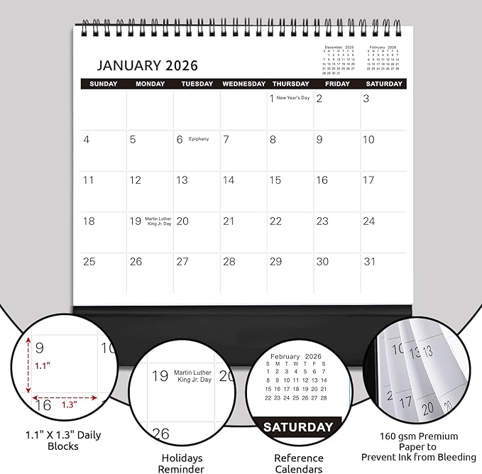 SKYDUE Desk Calendar 2026-2027, 21 Months Small Desk Calendar 2026-2027, Apr 2026 to Dec 2027, 10" x 8" Desktop Calendar Planner with Stickers, Black