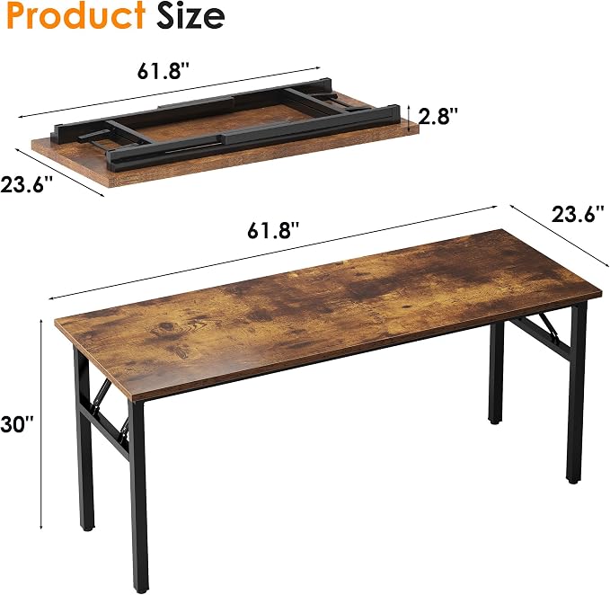 sogesfurniture Foldable Computer Desk 62 inches, Retro Large Folding Sturdy Laptop Workstation Table for Home Office, No Assembly Portable Study Writing Gaming Desk for Small Spaces, Rustic Brown