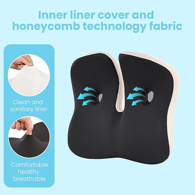Seat Cushion, Memory Foam for Sit Bone and Back Pain Relief | Dual-Hole Ventilation, Coccyx,Sciatica and Tailbone Hip Relief ,Posture Support ,Office Chair and Car Seat,Home Use