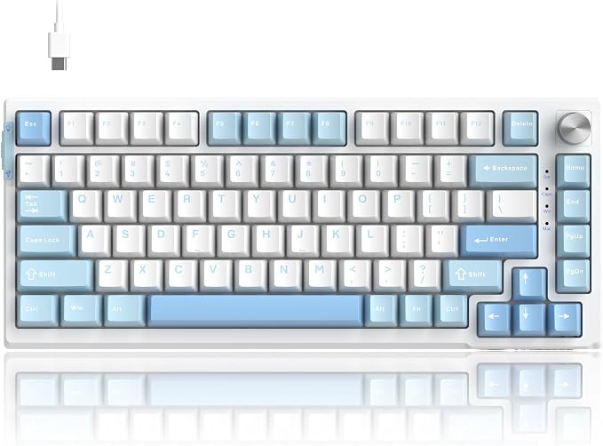 MageGee SKY81 75% Mechanical Gaming Keyboard, Hot Swappable Wired Custom Creamy Keyboards with 5-Layer Sound Dampening, Knob Control, RGB Backlit, NKRO for Win/Mac (Ice Sea Blue, Pink Bear Switch)