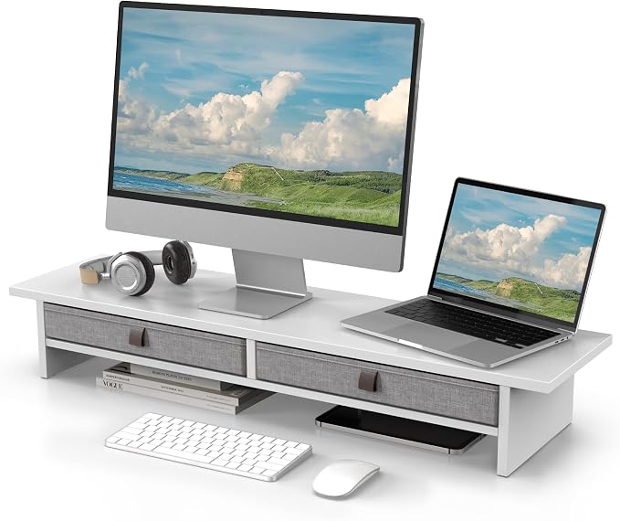 Fenge 35 Inch Monitor Stand with Drawer Storage, Computer Riser for Desk | Wooden Computer Shelf, 2 Tiers, for Dual Monitor/Laptop/PC/TV/Printer up to 55Lbs, Home Office Desk Organizer