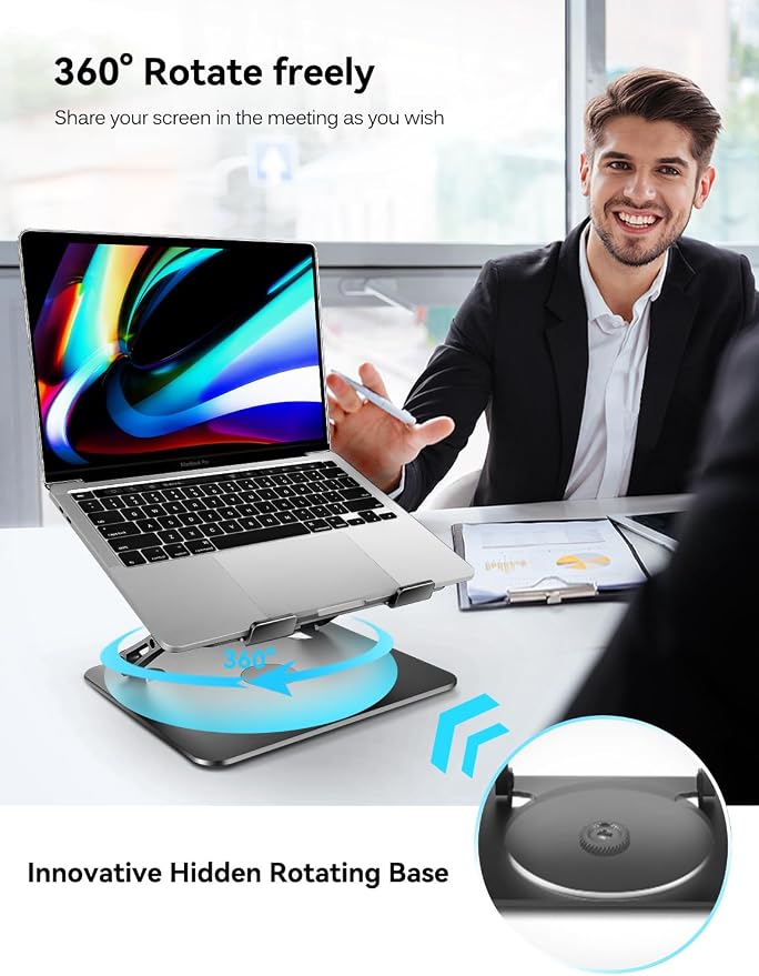ivoler Adjustable Laptop Stand with 360° Rotating Base, Ergonomic Laptop Stand for Desk, Foldable & Portable Laptop Riser, Suitable for Collaborative Work, Fit MacBook Laptops up to 16 inches[Black]