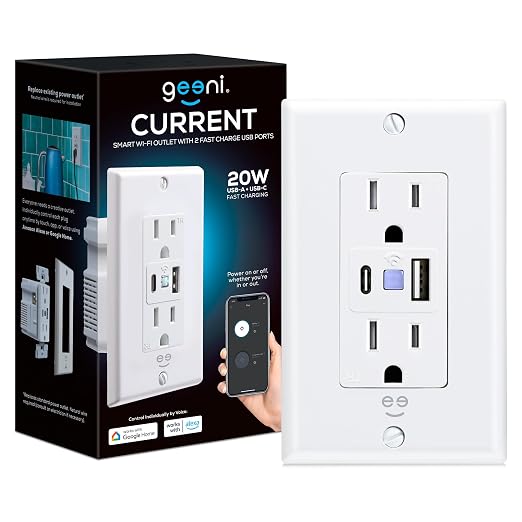Geeni Current Smart Wi-Fi Outlet with 2 Fast Charge USB Ports (20W USB-C PD & Quick Charge USB-A), Voice Control, No Hub Required, Compatible with Alexa & Google Home
