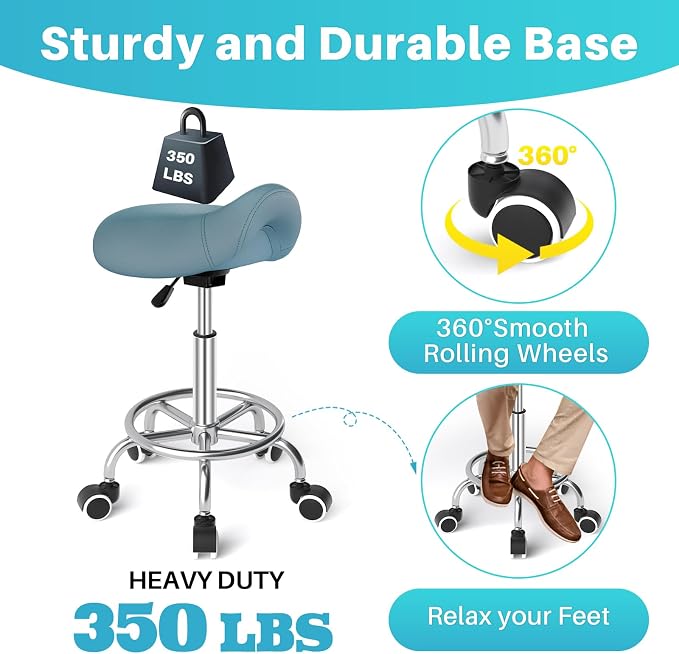 YEEZEE Saddle Stool Ergonomic, Saddle Chair with Wheels, Blue | Comfortable Wide Thick Saddle Seat Padding, 360°Swivel, Adjustable Height, Ring Pedal Design, for Medical Massage Salon Spa