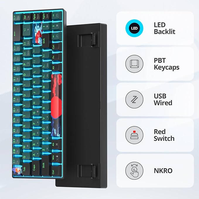 65 Percent Gaming Keyboard 68 Keys Mechanical Keyboard LED Backlit Ultra Compact Wired Keyboard with Red Switch for Windows Laptop Gamer(68 Sound Wave)