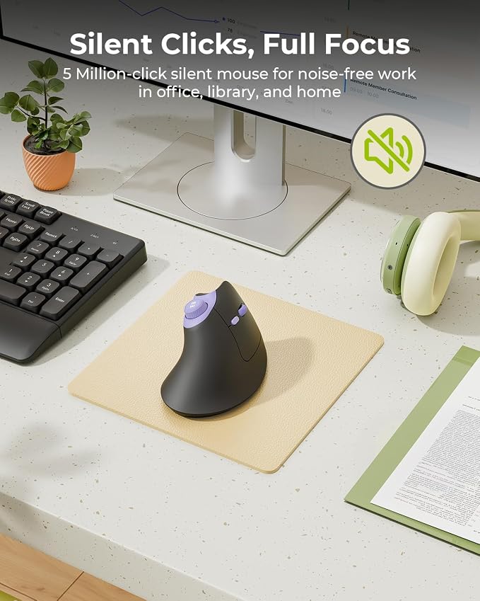 seenda Ergonomic Mouse Wireless, MOU-302 Bluetooth Vertical Mouse Rechargeable, Volume Knob, Silent Mice & 1000/1600/2400 DPI, 3 Multi-Device Connection for Windows/PC/Laptop/Mac/MacBook, Black Purple