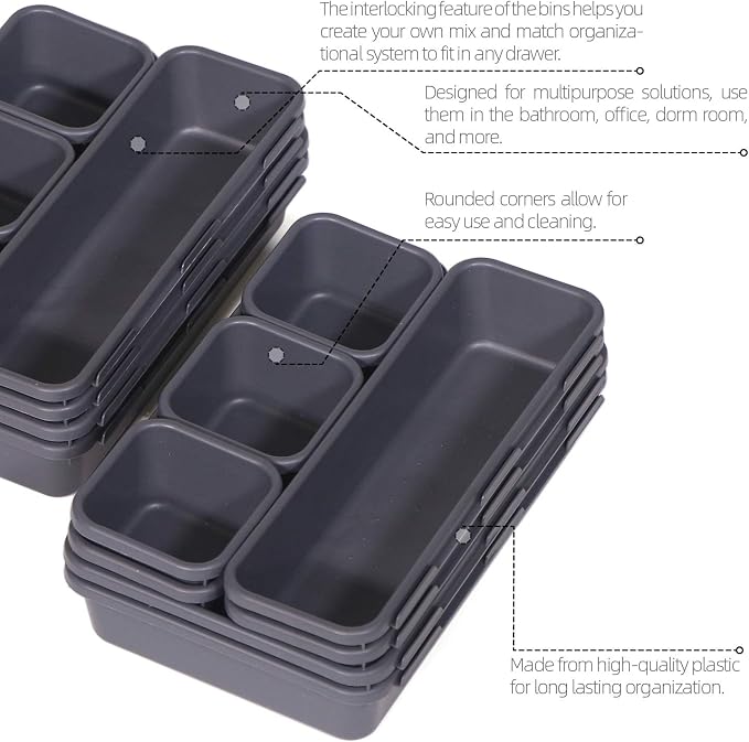 Set of 28 Interlocking Desk Drawer Organizer Tray Dividers Plastic Shallow Narrow Drawers Organizers Separators Storage Bins Container for Kitchen Bathroom Makeup Office Vanity Bedroom Dresser