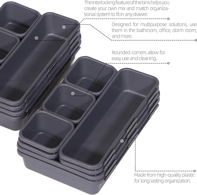 Set of 12 Interlocking Desk Drawer Organizer Tray Dividers Plastic Shallow Narrow Drawers Organizers Separators and Storage Bins Container for Kitchen Bathroom Makeup Office Vanity Bedroom Dresser