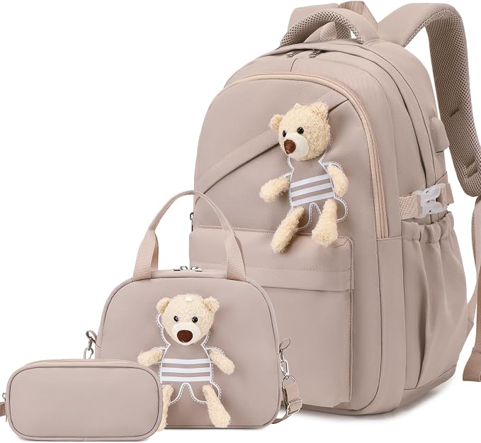 ACESAK School Backpack for Girls - 3 PCS Cute Girls Backpack with Lunch Box & Pencil Case - Kawaii Casual Kids Bookbag School Bag Daypacks Set for Elementary Middle High School Student Teens (Khaki)