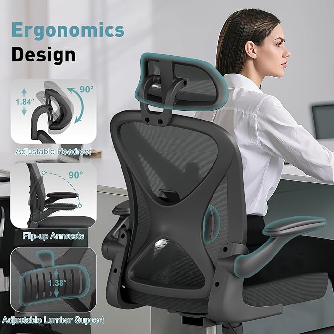 Ergonomic Office Chair with Adjustable Lumbar Support and Headrest, 300 lbs Swivel Desk Chair with Flip-Up Arms, Mesh Comfy Padded Seat for Computer and Home, Black