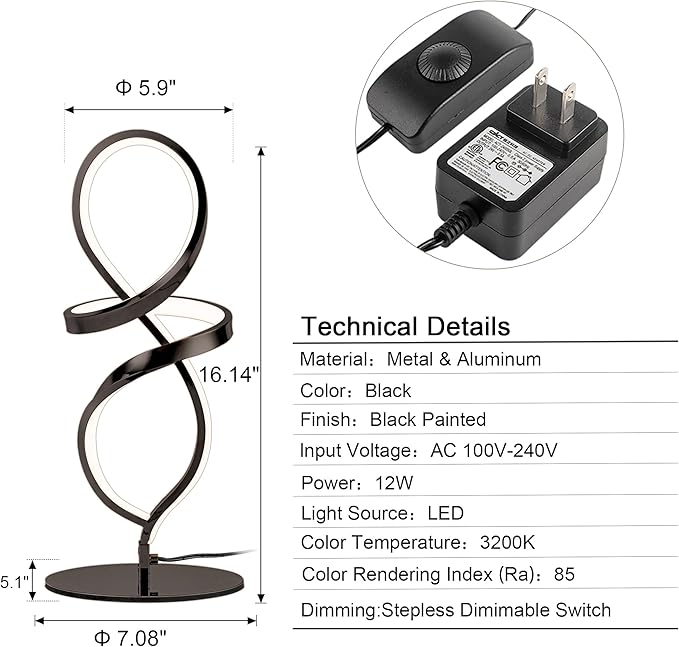 Mayful Modern Table Lamp with LED Unique Spiral Design, Small Nightstand Lamp with Stepless Dimming Switch, Black Bedside Lamps for Bedroom, Nightstand, Living Room, Office, Desk, 12W 3200K Warm White