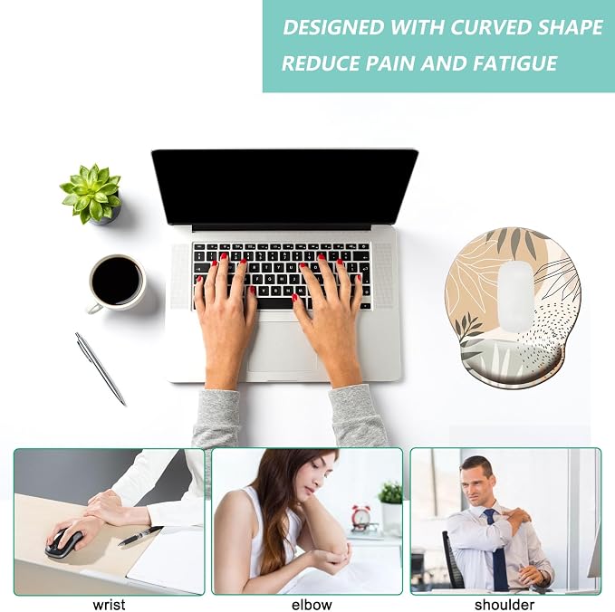 Mouse Pad with Wrist Support, Ergonomic Mouse Pad with Memory Foam Wrist Rest Cushion, Non-Slip Rubber Base Gaming Mice Pad for Home Office Computer Laptop, Leaves Buff