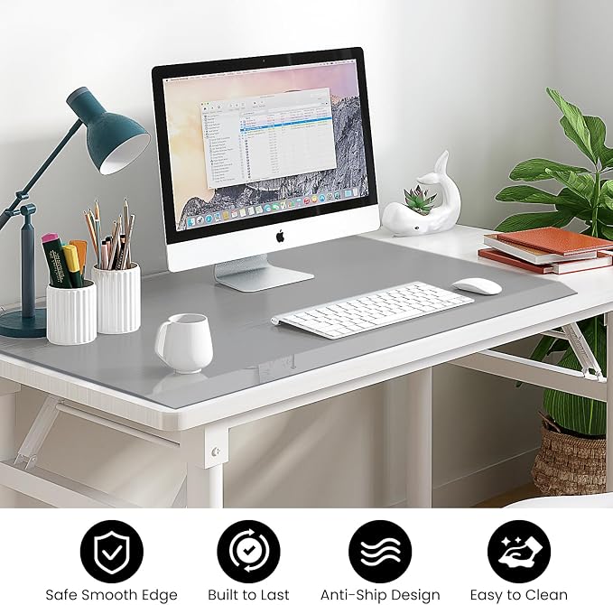 VASUHOME 32" x 20" Grey Tempered Glass Desk Mat with Beveled Edge - Ergonomic Desk Protector, Dry Erase Surface, Ideal Table Top Protector for Home & Office