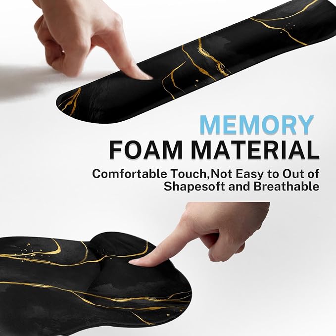 Britimes Black Gold Marble Ergonomic Mouse Pad Set with Wrist Rest Non-Slip Rubber Base Abstract Modern Wrist Cushion Support and Coasters Mousepad with Wrist Support for Computer Keyboard and Desk