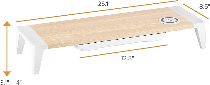 Bostitch Office Wooden Monitor Stand with Wireless Charging Pad, Drawer for Storage, Adjustable Height Riser Includes Removable Non-Skid Rubber Feet - Wood Grain and White (STND-2408WH)