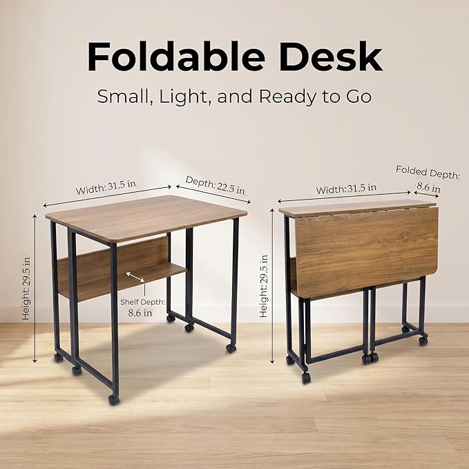Mobile Foldable Desk w/ 6 Wheels,Portable Rolling Small Computer Desk w/Storage Shelves, Folding desks for Small Spaces, Computer Table for Home Office Bedroom Living Room-Brown