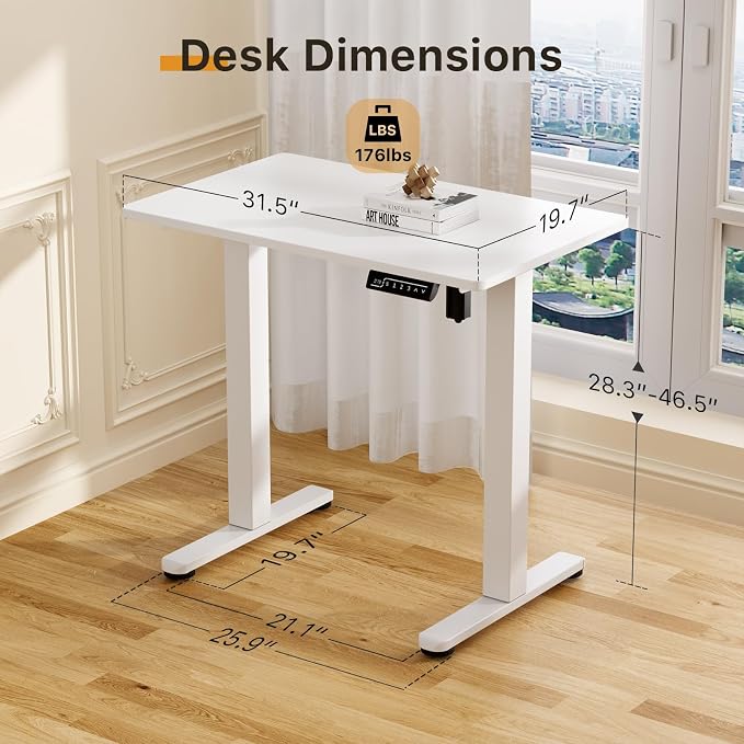 JOY worker Tiny Electric Standing Desk, 31.5" Whole Piece Height Adjustable | 31.5" x 20" White Small Sit Stand Desk with Memory Controller, Narrow Computer Workstation for Home Office School Walking Pad
