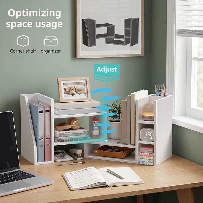 Desktop Shelf Desk Organizer File Holder - Dorm College Desk Bookshelf, Adjustable White Wood Shelving, Small Countertop Bookcase for Office Supplies, Student Study Desk & Home Organization Rack