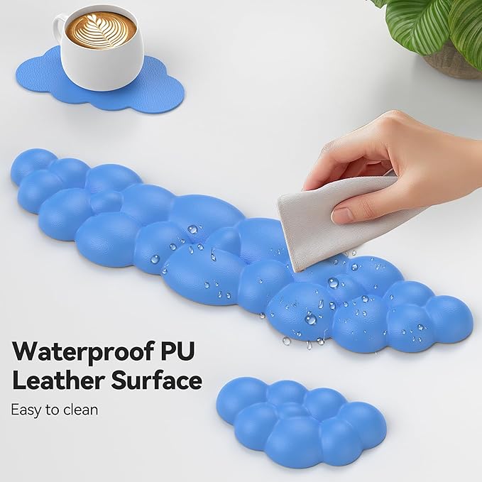 TECKNET Cloud Keyboard Wrist Rest Set, Cloud Wrist Rest with Non-Slip Base, PU Leather Wrist Pad for Keyboard with Ergonomic Memory Foam for Computer Laptop Office Gaming and Pain Relief, Blue