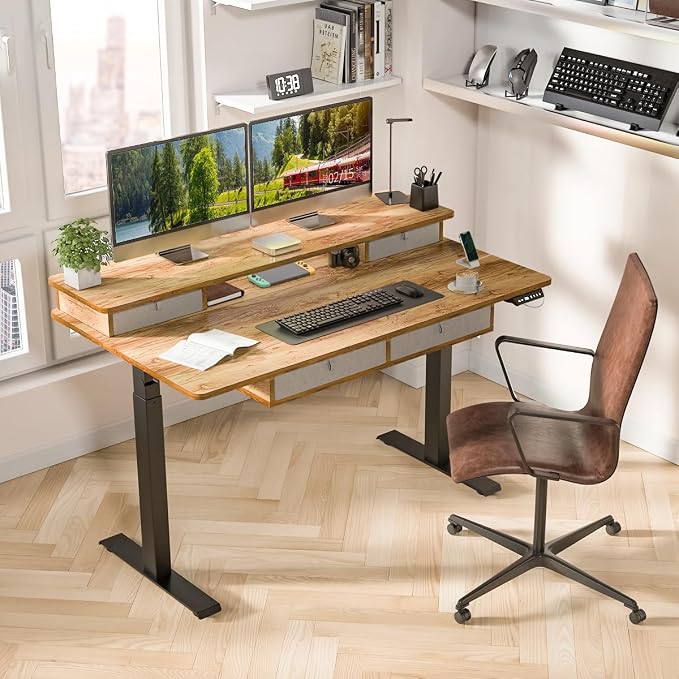 Kingant Electric Standing Desk with 4 Drawers,USB Charging Ports 55"x 30" | Ergonomic Height Adjustable Large Workstation, Heavy-Duty Sit Stand Up Desk For Home Office Daily Work,Light Rustic Brown