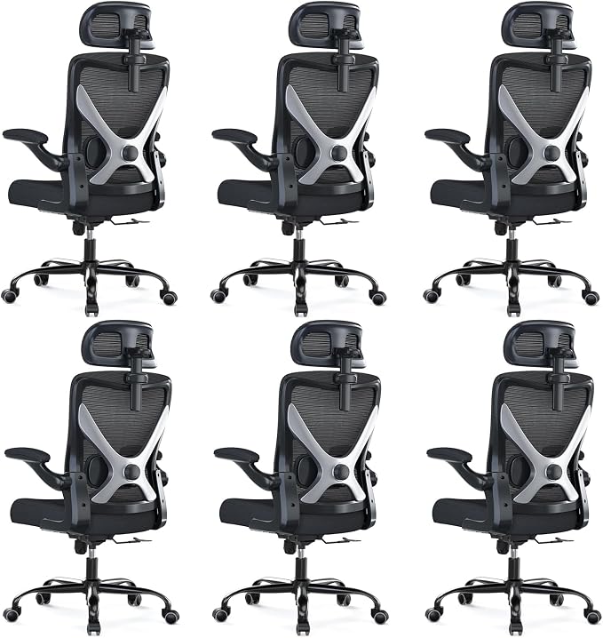 Ergonomic Office Chair: Mesh Desk Chair Comfy with Headrest& Lumbar Support | Ergalithic Big and Tall Office Chairs with Wheels & Flip-Up Arms-Computer Gaming Chairs for Adults (Black-Pack of 6)