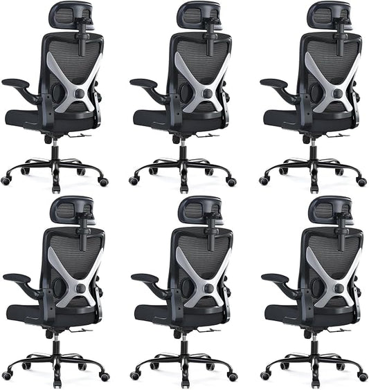 Ergonomic Office Chair: Mesh Desk Chair Comfy with Headrest& Lumbar Support | Ergalithic Big and Tall Office Chairs with Wheels & Flip-Up Arms-Computer Gaming Chairs for Adults (Black-Pack of 6)