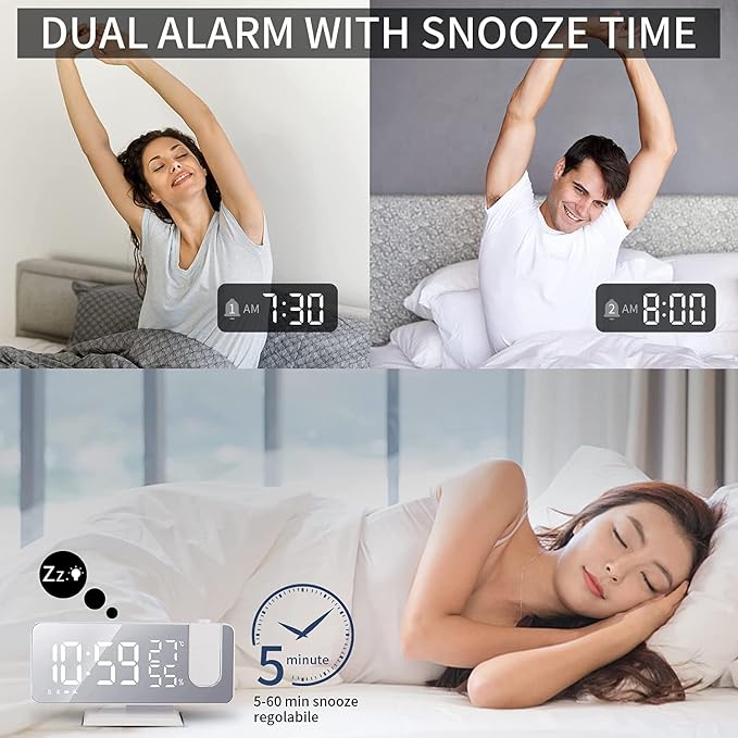 Projection Digital Alarm Clock for Bedrooms, Clock Radio on Ceiling, USB | Charger Port, Temperature & Humidity Display, 7.3” Large Mirror LED Display,12/24H,Snooze,Dual Loud Alarm Clock- 4 Dimmer