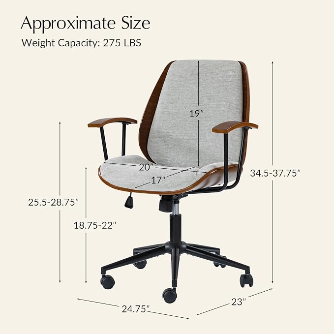 HULALA HOME Solid Wood Office Chair with Tilt Function & Metal Base, Grey | Mid Century Modern Desk Chair with Bent Wood Frame, 360° Swivel Fabric Computer Task Chair, Height Adjustable