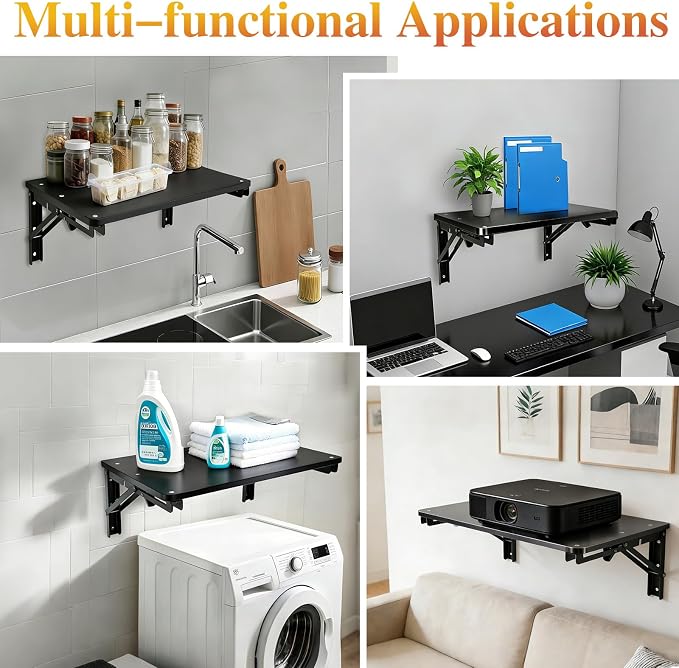 Folding Shelf Wall Mounted for Small Space, Black Wall Table for Living Room Bedroom Decor, Home Office Floating Fold Down Desk, Media Shelves with Heavy, 16.5"*11.8"