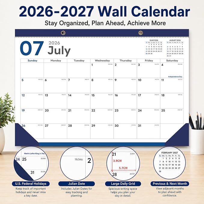 Desk Calendar 2026-2027 - Ougesi 18 Month Desk Top Calendar July 2026 - Dec 2027,17x12 Academic Desk Calendar with Thick Paper, Large Blocks, Stickers for Home & Office Navy