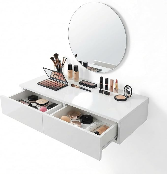 Wall Mounted Floating Vanity Desk with 2 Storage Drawers Modern MDF Makeup Table 39.4 x 15.7 x 5.9 in (100 x 40 x 15 cm), Space-Saving Makeup Table for Bedroom or Small Spaces (White)