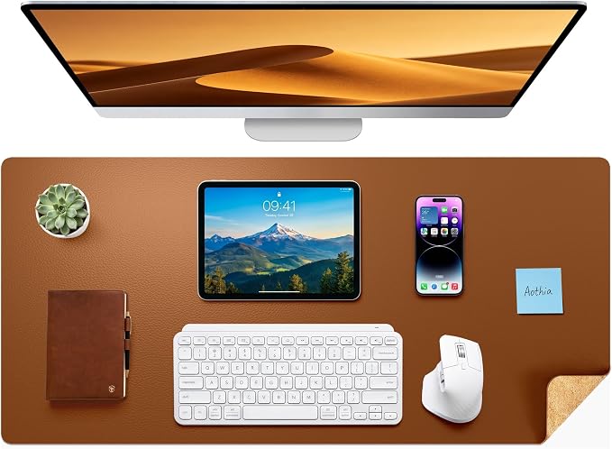 Aothia Double-Sided Desk Pad, 37.8"x17" Leather Desk Mat, Eco Cork Desk Pad Protector,Large Mouse Pad,Waterproof Desk Blotter for Office/Home(Brown)
