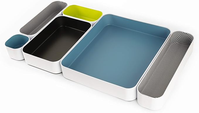 Three by Three Seattle Metal Drawer Organizer Tray Set, 6-Pc, 2" (Assorted) | Deep 2" food-safe colorful metal bins; soft non-scratch base; kitchen, vanity, bathroom & office drawer storage
