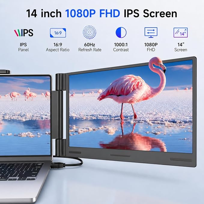 AOC 14" Laptop Screen Extender, Triple Portable Monitor for 13”-17.3" Laptops, 1080P FHD IPS Display, HDMI/USB-C Cable Plug-Play Laptop Monitor Extender for Mac/Windows (Black)