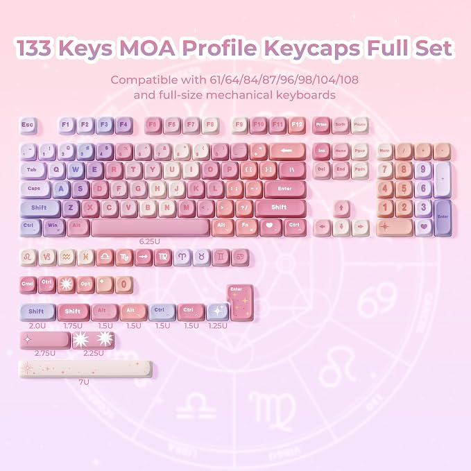 OHY XVX MOA Profile Keycap Set,12 Zodiac Series Dye-Sublimation PBT Material, Cute Purple Gradient Design, Compatible with MX Switches Mechanical Gaming Keyboards- Gradient Purple