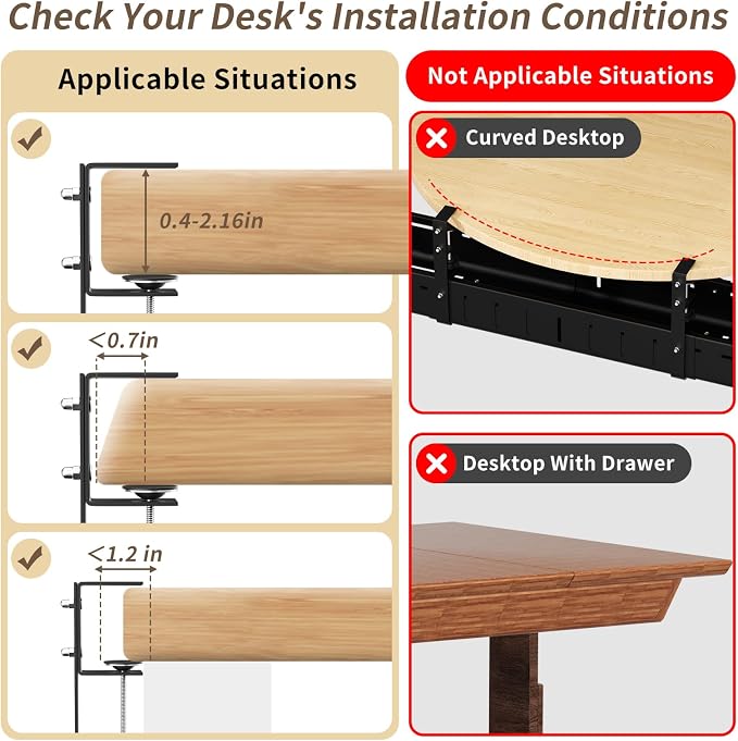 Under Desk Cable Management Tray,Expandable 25.2Inch – 38Inch,Black | Heavy Duty Carbon Steel,Cable Tray with No Drill Clamp Mount,Adjustable Under Desk Cord Management for Office Home,Rustproof