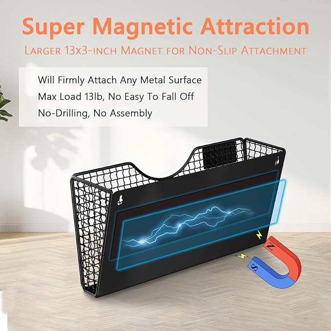 MFTEK Magnetic File Holder, 3 Pockets Magnetic File Folder Holder No Drilling Magnet Paper Mail Organizer Magazine Basket, Hanging Wall Storage Rack for Fridge Cabinets Office Classroom