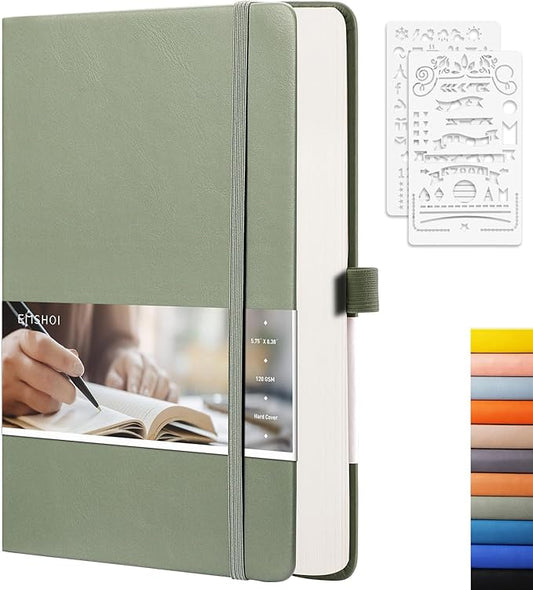 EMSHOI Dotted Journal Notebook, 256 Pages, 120 GSM Thick Paper, A5 Small 5.75"x8.38", PU Leather Hardcover, 5mm Dot Grid Notebook for Journaling, Planning, Drawing, Writing, Green