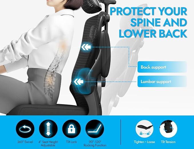 Ergonomic Office Chair: Mesh Desk Chair Comfy with Headrest& Lumbar Support | Ergalithic Big and Tall Office Chairs with Wheels & Flip-Up Arms-Computer Gaming Chairs for Adults Home Office (Full Black)