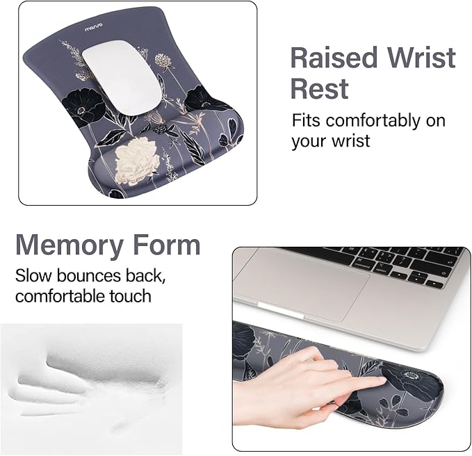 MOSISO Keyboard Mouse Pad Set, Large Gaming Mouse Pad&Keyboard Wrist Rest&Mouse Wrist Rest&Coaster, Ergonomic Non-Slip Retro Flower Floral Mousepad with Raised Memory Foam for Home Office, Gray