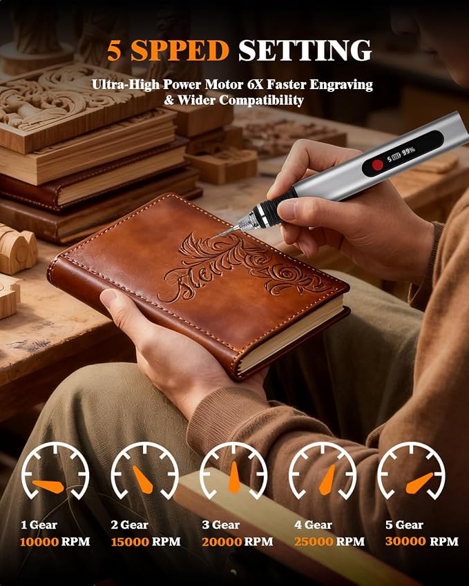 Cordless Engraving Pen for Metal Wood Glass Plastic, Engraving Tool 44Kits, 5 Speeds Up to 30000RPM, 500mAh USB Rechargeable Engraver Kit Craft Gifts for Teens Adults Beginner with Guide Book (Metal)